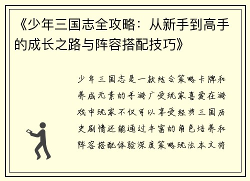 《少年三国志全攻略：从新手到高手的成长之路与阵容搭配技巧》