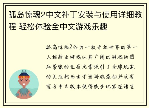 孤岛惊魂2中文补丁安装与使用详细教程 轻松体验全中文游戏乐趣